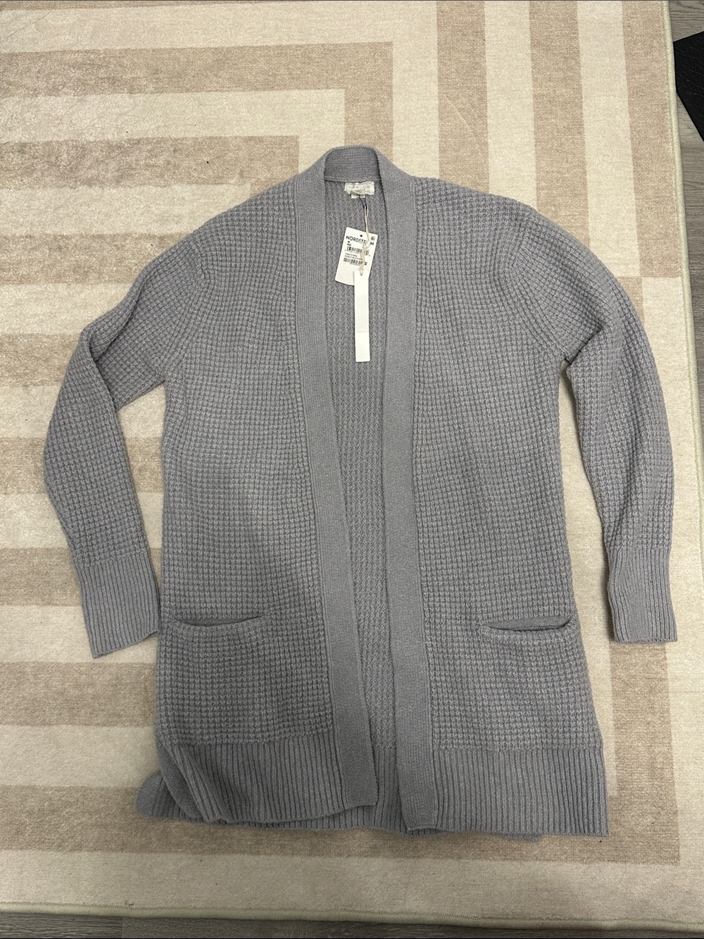 Caslon Light Gray Waffle-Knit Open Cardigan